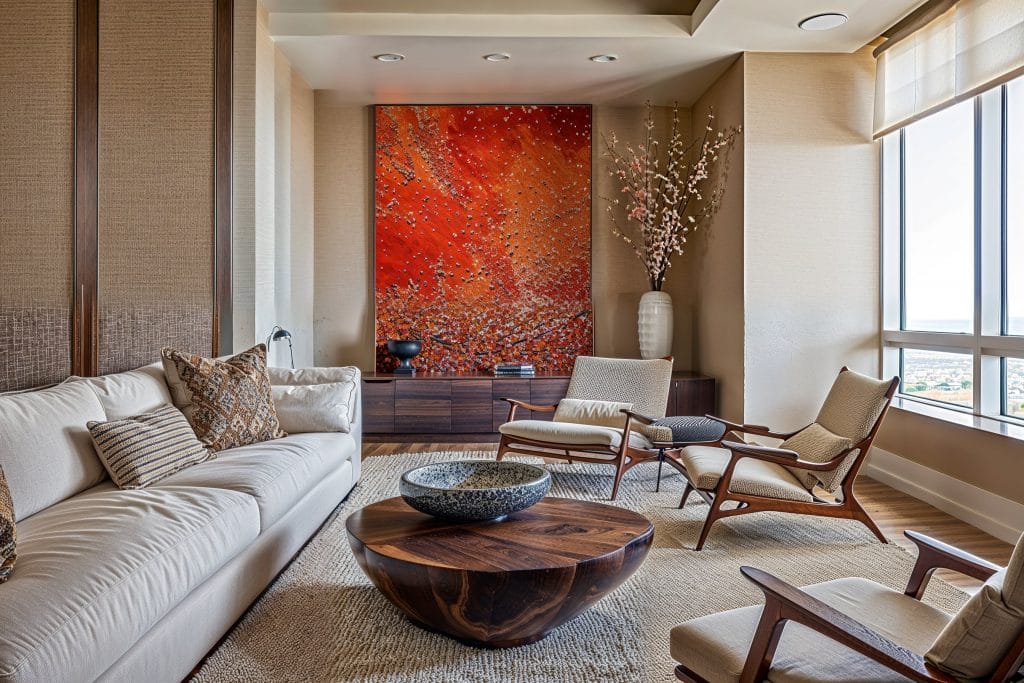Designer wallpaper accent wall in an elegant interior design space